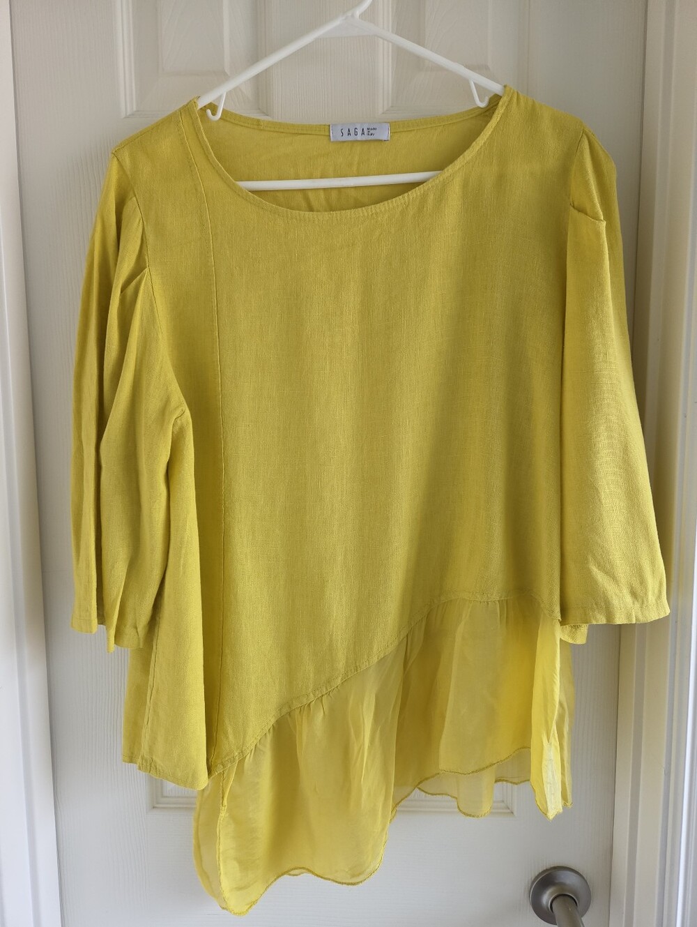 Saga Made In Italy‎ Womens Yellow Linen Blend Casual Asymetrical Blouse Size M